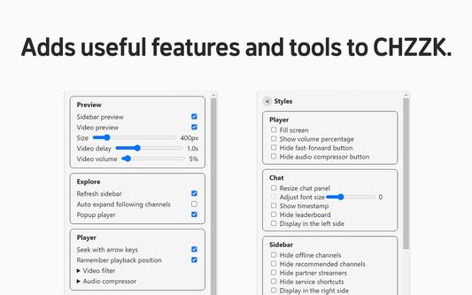 Adds useful features and tools to CHZZK. Two screenshots showing the popup menu.