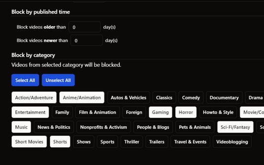 Block video by publication time, or categories.