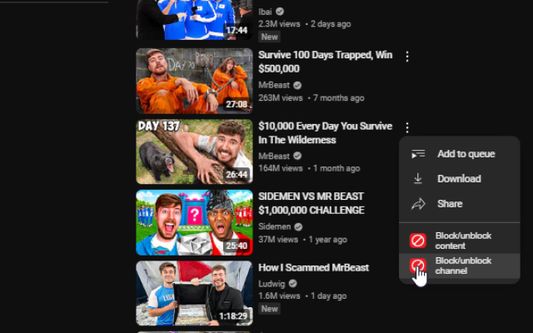 Blocking a video by clicking on the three dots menu, it's possible to block the channel or the video itself.