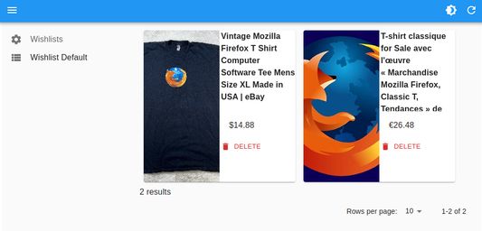 Two products are displayed in a wishlist