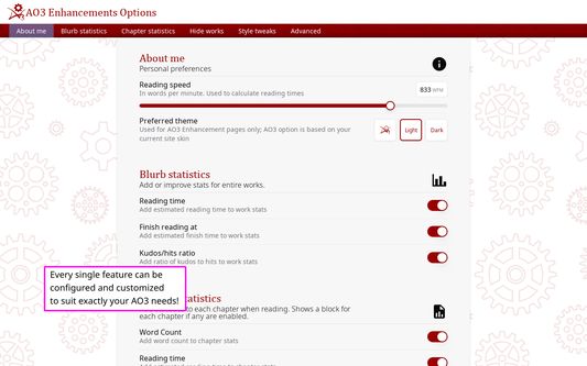 Shows the extensions options page, where all the features can be customized and configured.