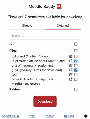 Detailed UI when the plugin is opened on a single Moodle course