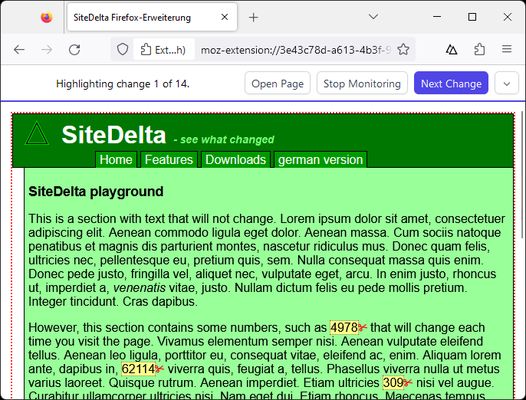 For watched pages, changes are highlighted