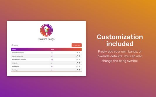 Customization included. Freely add your own bangs, or override defaults. You can also change the bang symbol.