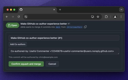 GitHub’s PR merge UI showing an “Add Co-authors” button and a commit message description with a “Co-authored-by” entry for an imaginary “Useful Commenter”.