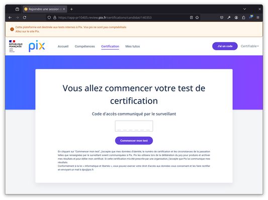 Le candidat est sur le point de démarrer l'examen de certification, le filtrage n'est pas encore actif.
