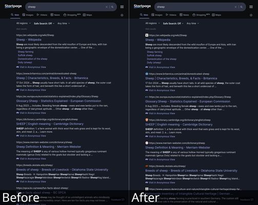 Startpage results without and with using the addon