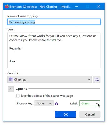 To create a new clipping, select the desired clipping text in the web page, then right-click and select <b>Clippings &rarr; New</b> from the browser context menu.