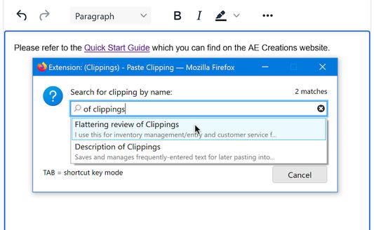 You can also paste a clipping by typing its name and selecting it from an autocomplete menu.