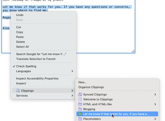 Paste a clipping into a web page textbox in Firefox by selecting it from the Clippings menu.
