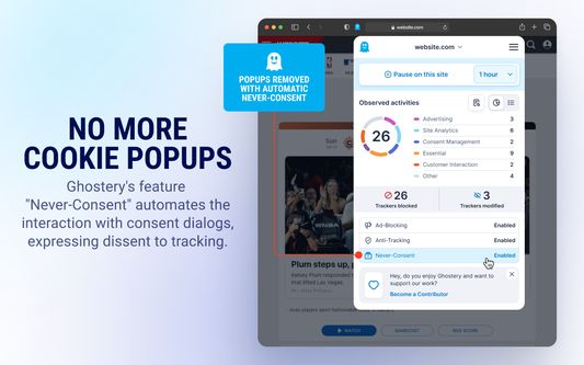 No more cookie popups - Ghostery's feature  "Never-Consent" automates the interaction with consent dialogs, expressing dissent to tracking.