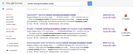 a google scholar search results page showing three results, two of which are already in the zotero library.