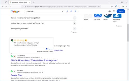 Browsing Protection by F-Secure provides safety rating indicators for search results.