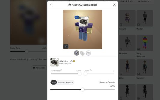Asset Customization modal shown in the Avatar Editor, the user is able to configure the Scale, Position, and Rotation values with sliders, while Puffiness and Order sliders are disabled.