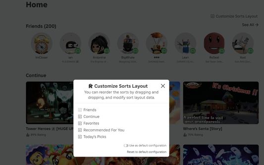 A "Customize Sorts Layout" shown on the home page, with the options to drag-and-drop sorts, configure sorts metadata, or set default configurations.