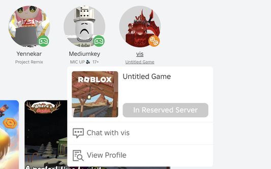 The experience popup shown when hovering a friend playing an experience, except with the "Play" button grayed out and the text reading "In Reserved Server", indicating that the user can not join their friend.