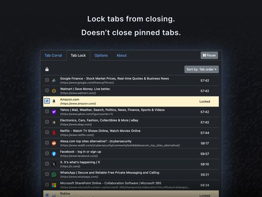 Lock tabs from closing. Doesn't close pinned tabs.