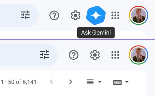 Before: an "Ask Gemini" button appears in the top heading of GMail right next to the user’s profile picture.
After: The button is no longer visible.
Important note: the user in question is Rick Astley.