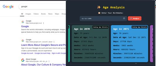 The screenshot shows the Age Analysis extension displaying the user’s current age and upcoming age details.
