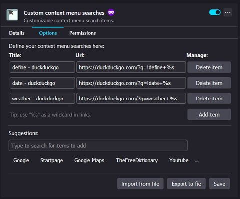 Extension's option page where custom context menu items are defined