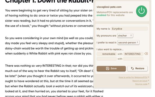 The text of Alice's Adventures in Wonderland is shown, having been changed into second-person point-of-view. The pop-up window for this extension is visible, showing that it's enabled. Prompts for name, pronouns, and point-of-view are filled-in.