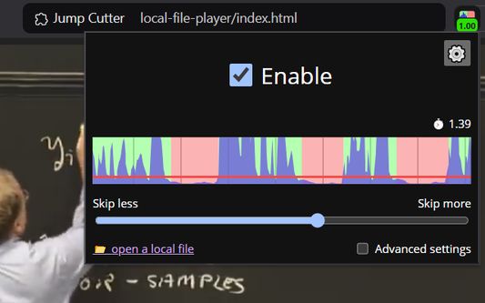 Extension's popup with a video playing on background. In the popup there is a slider "Skip less / Skip more".