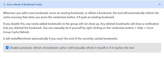 Have a lot of bookmarks? By default, it'll keep the cache up to date as you add, edit, and remove bookmarks but if you have a lot of bookmarks, this could slow it down. Disable it to only refresh the cache on your terms.