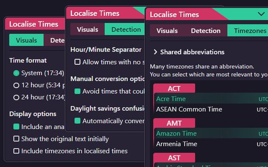 This image is a collage of the settings the user can change from the config window, available from the cog icon.
