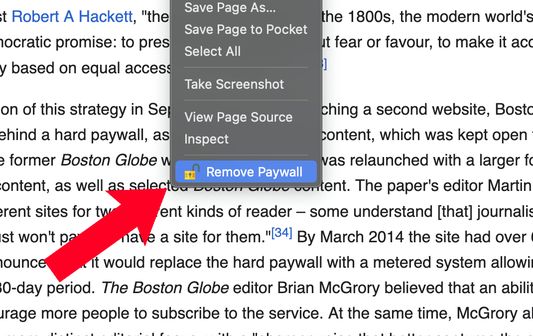 To use the add-on, simply right click on a page and click the Remove Paywall option.