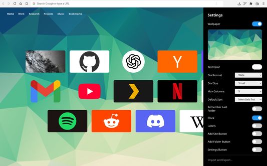 New tab speed dial settings