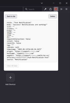Item Details: Shows detailed notification data in key-value format with options to delete or return to the list.