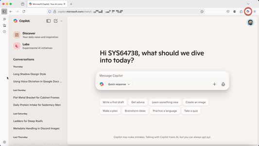 Copilot button circled in upper right corner of the window, similar to its placement in the Edge browser