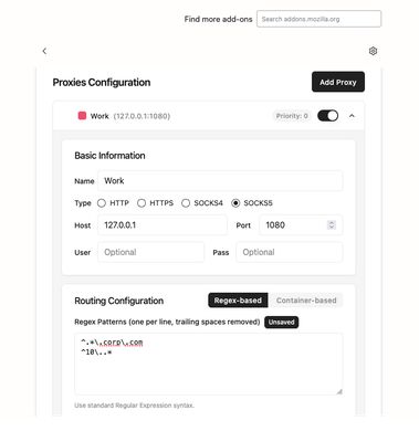 Advanced pattern-based routing with regex support. Route specific websites through different proxies and test your patterns instantly.