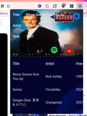 When a song is recognised, information about it and a link to the streaming provider is displayed.
(with cover art)