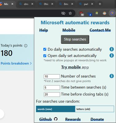 extension in action: opening bing tabs to gain rewards points