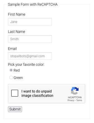 Screenshot of Google's reCaptcha demo page. The Captcha widget says "I want to do unpaid image classification".