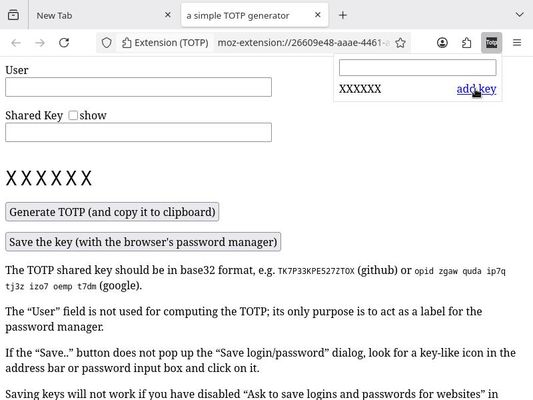 "Add key" opens a new tab to an extension page from where you can save a key with the browser's password manager.