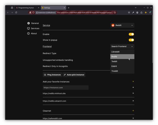 Settings => Services => Redlib: Frontends menu