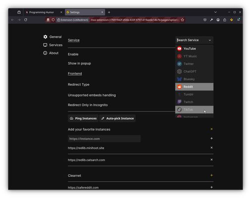 Settings => Services => Redlib: Services menu