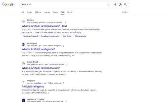 Google with AI Overviews and the AI Mode tab disabled by this add-on