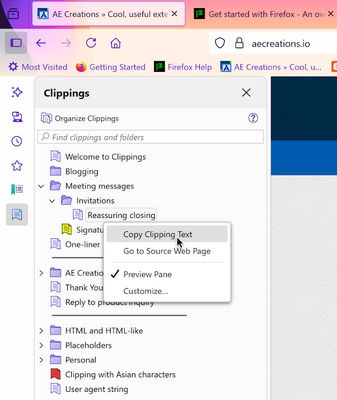 Alternatively, copy the clipping from Clippings Manager or Clippings Sidebar by right-clicking on it and selecting Copy Clipping Text. Then paste the clipping into the web page by selecting Paste from the browser context menu.