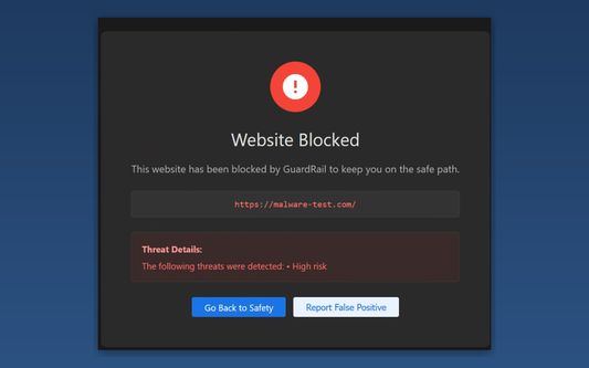 Threat Blocked - Clear warning when malicious sites are detected and blocked