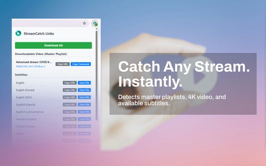 Instantly detect master video playlists (M3U8) and all available subtitle tracks on any streaming page.