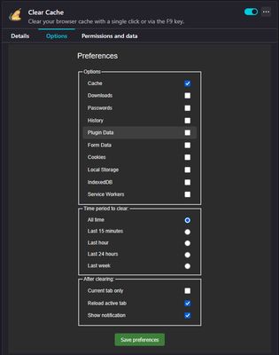 New v4.4 options page: Configure time periods (15min, 1h, 24h, 1 week, all time), enable "Current tab only" for precise clearing, choose data types and customize notifications. All settings are automatically saved.