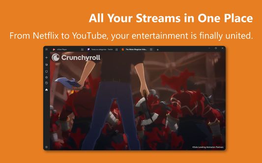 A view of the app's interface displaying content or logos from various streaming services like YouTube, Netflix, and Twitch, highlighting its all-in-one functionality.