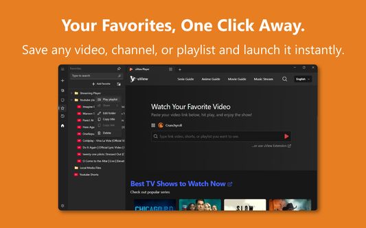 A close-up of the "Favorites" or "Bookmarks" menu within the Easy Streaming Player, showing a saved list of videos and playlists ready for quick access.