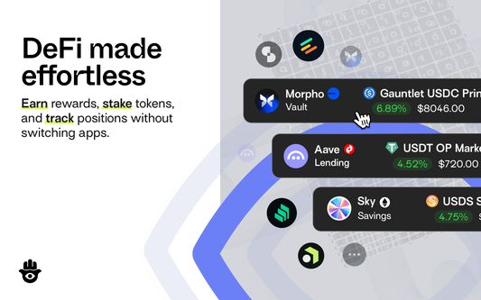 DeFi made effortless
Earn rewards, stake tokens, and track positions without switching apps.