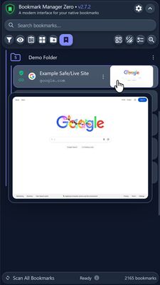 Website previews render to the right of bookmarks when you hover your cursor over them. When you hover your cursor over the preview itself you'll get a larger popup preview that's easier to see