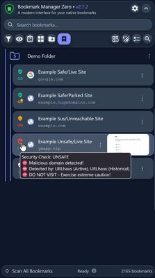 Blue Theme + tool tip showing scan results for an unsafe url when you hover the cursor over the shield indicator icon