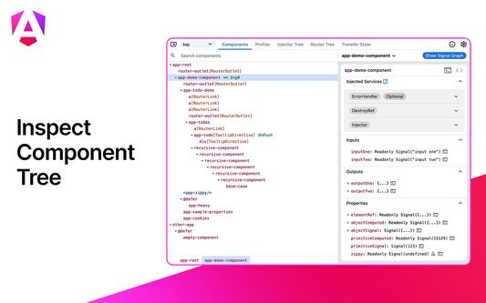 Titled "Inspect Component Tree", this shows the Components panel showing a tree of Angular components currently rendered in the application. One component in particular is highlighted, with its internal state visible in the sidebar.